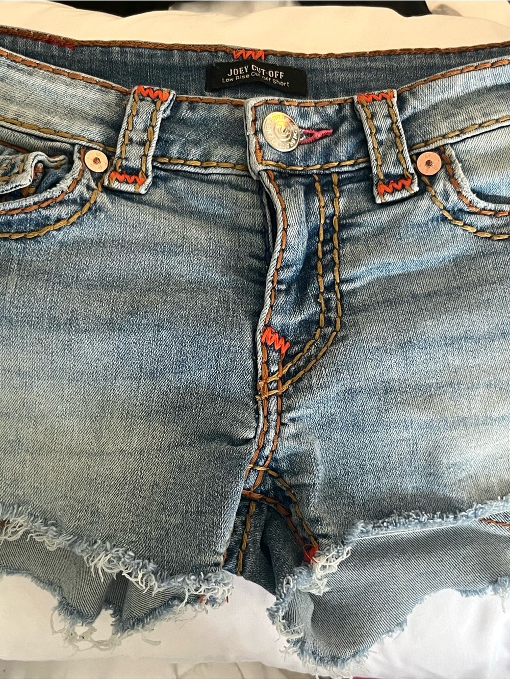 Joey Light Blue Denim Cut-Off Shorts with Orange Stitching